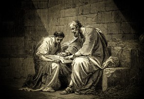 감옥에서 성 티키코스와 함께 에페소 신자들에게 보내는 서간의 끝 인사를 적는 사도 성 바오로_Wood engraving from Art depicting the New Testament by Gustave Dore.jpg